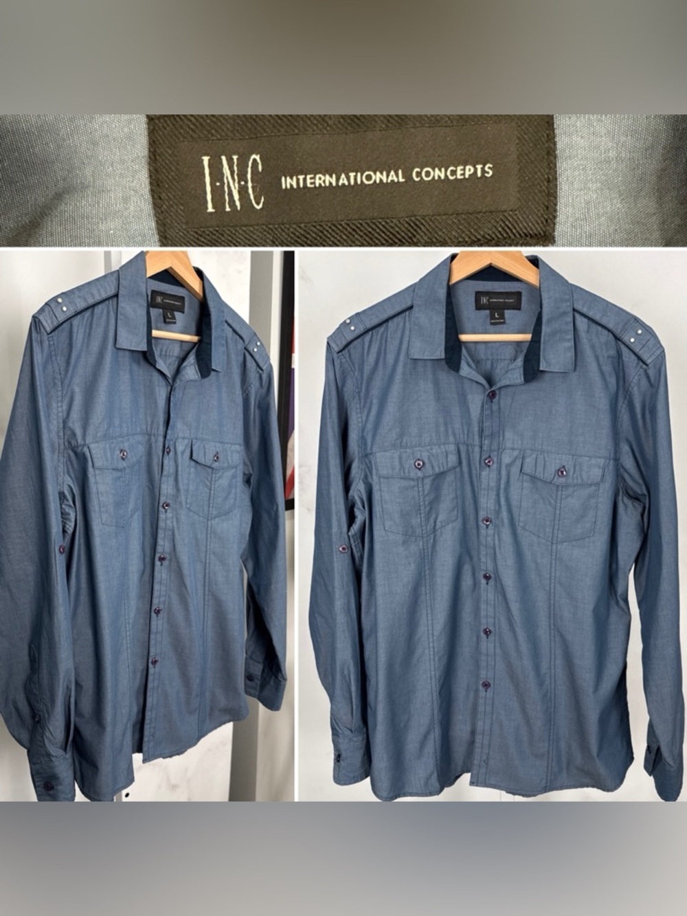 INC Shirt Men's Size L Metallic Blue Button Long Sleeve Party Y2K Grunge Club